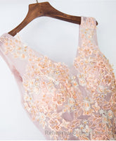 Pink V Neck Lace Long Semi Formal Prom Dress, Cheap Evening Dress